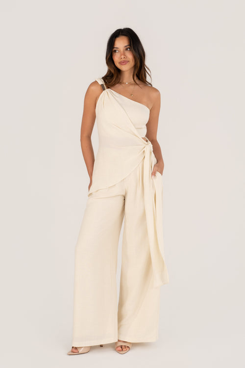 Nathalya Cream Asymmetrical Drape Top & Wide Leg Pant Set