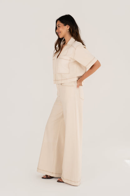 Nia Cream Short Sleeve Top & Wide Leg Pant Set