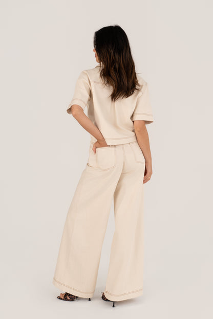 Nia Cream Short Sleeve Top & Wide Leg Pant Set