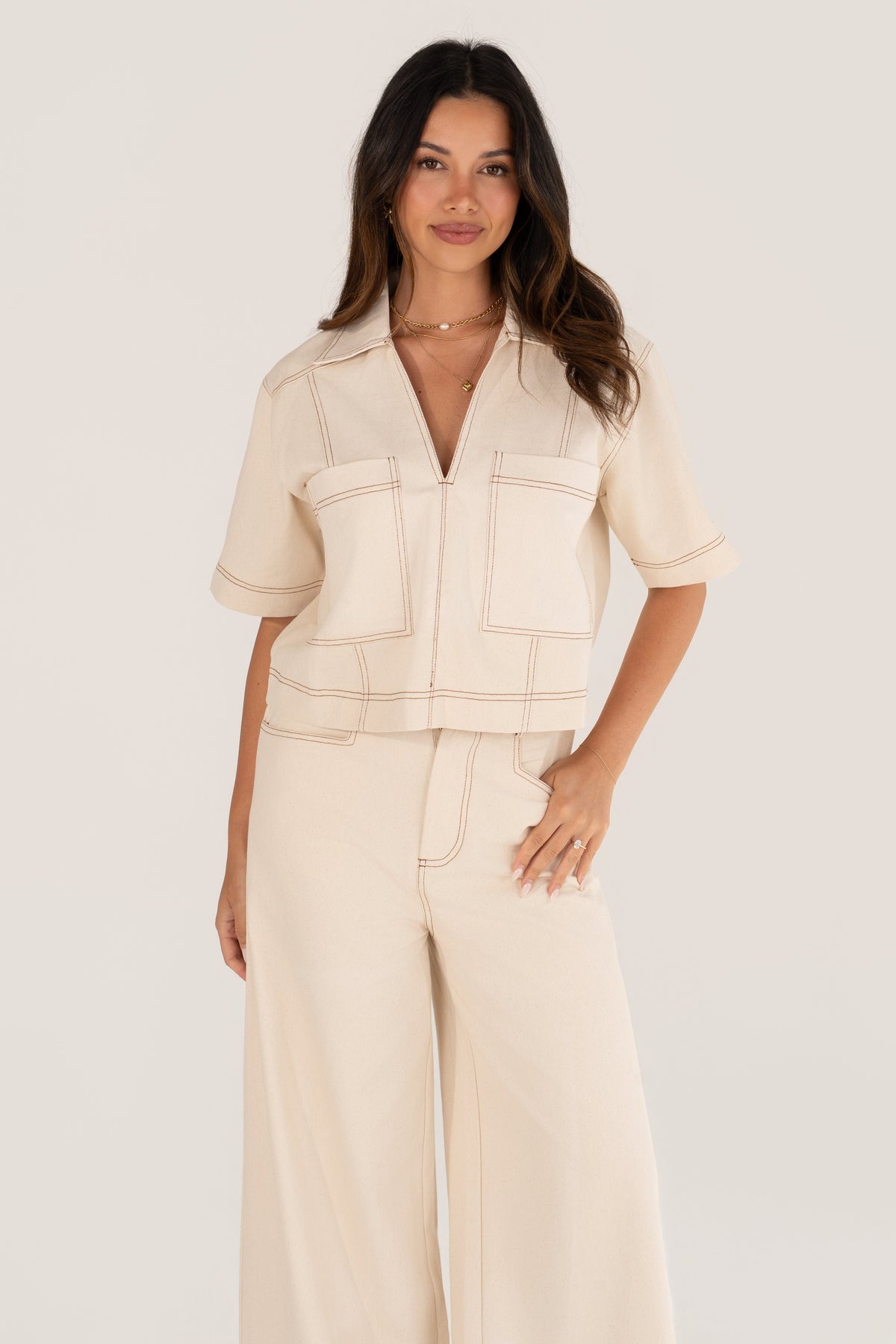 Nia Cream Short Sleeve Top & Wide Leg Pant Set