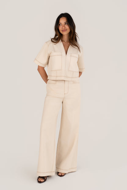 Nia Cream Short Sleeve Top & Wide Leg Pant Set