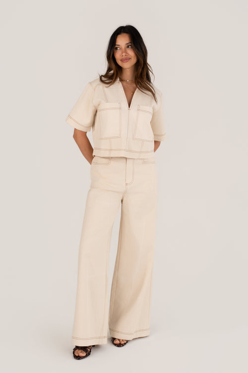 Nia Cream Short Sleeve Top & Wide Leg Pant Set