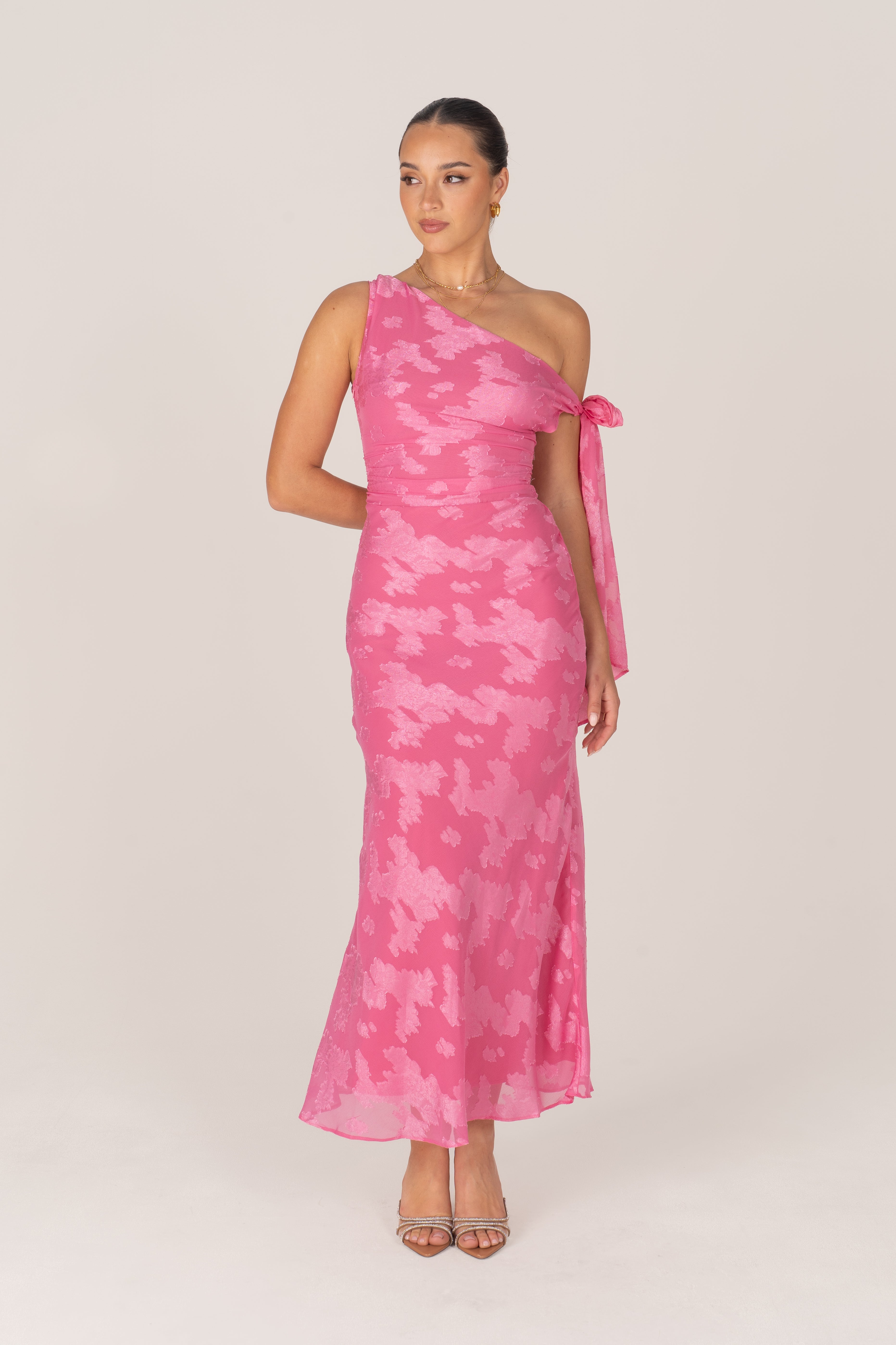 Olympia Asymmetrical Pink Drop-Shoulder Maxi with Tie
