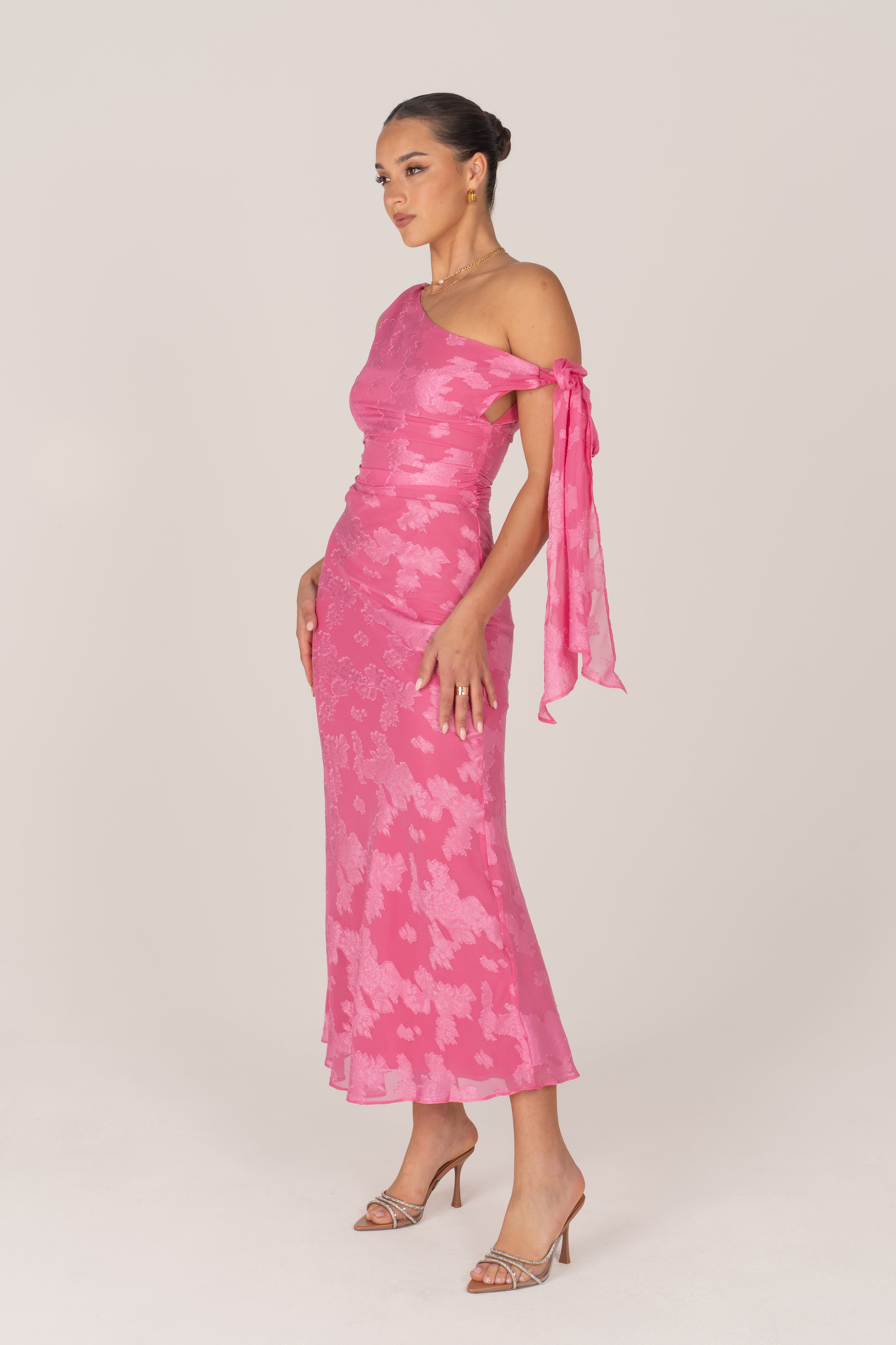 Olympia Asymmetrical Pink Drop-Shoulder Maxi with Tie