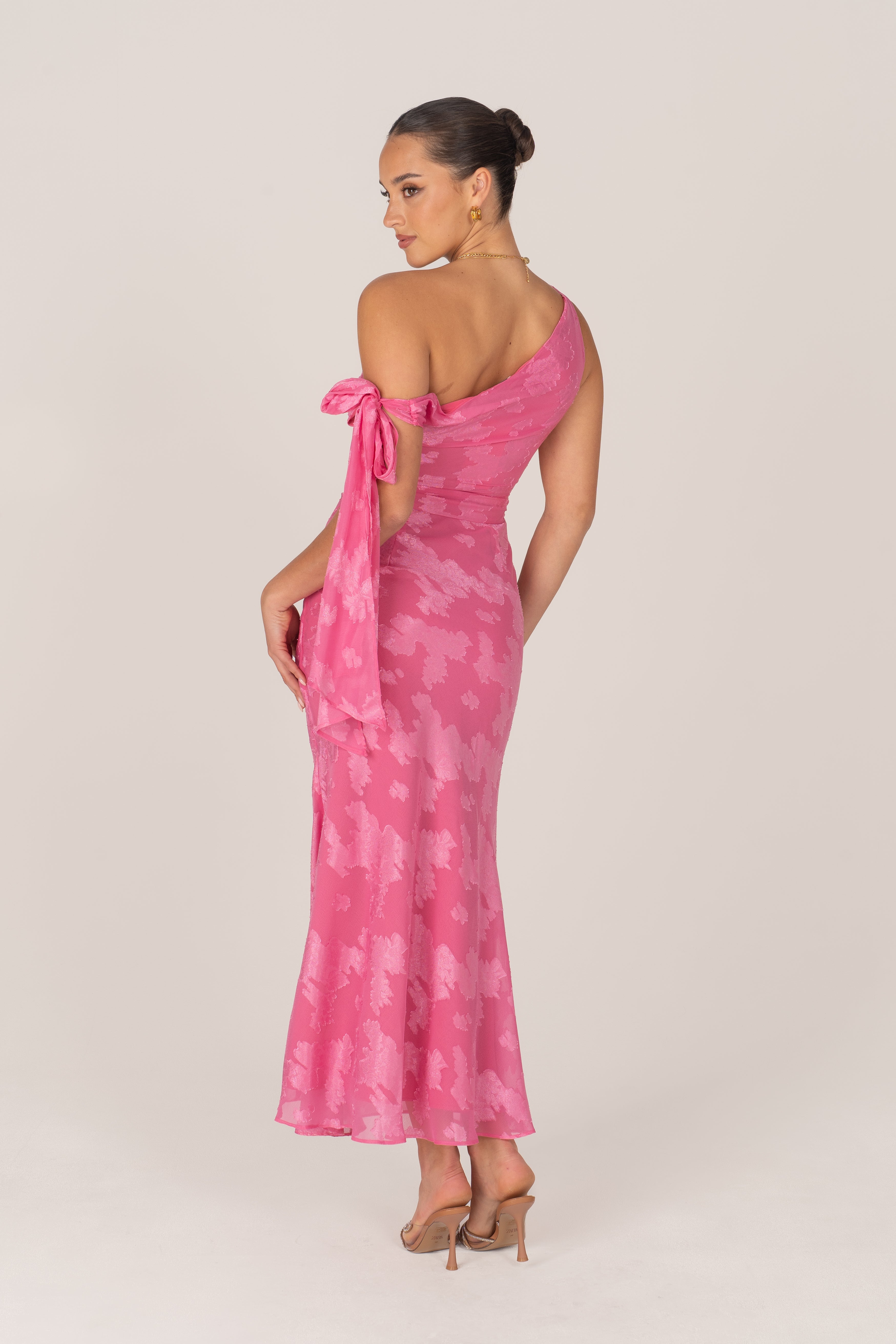 Olympia Asymmetrical Pink Drop-Shoulder Maxi with Tie