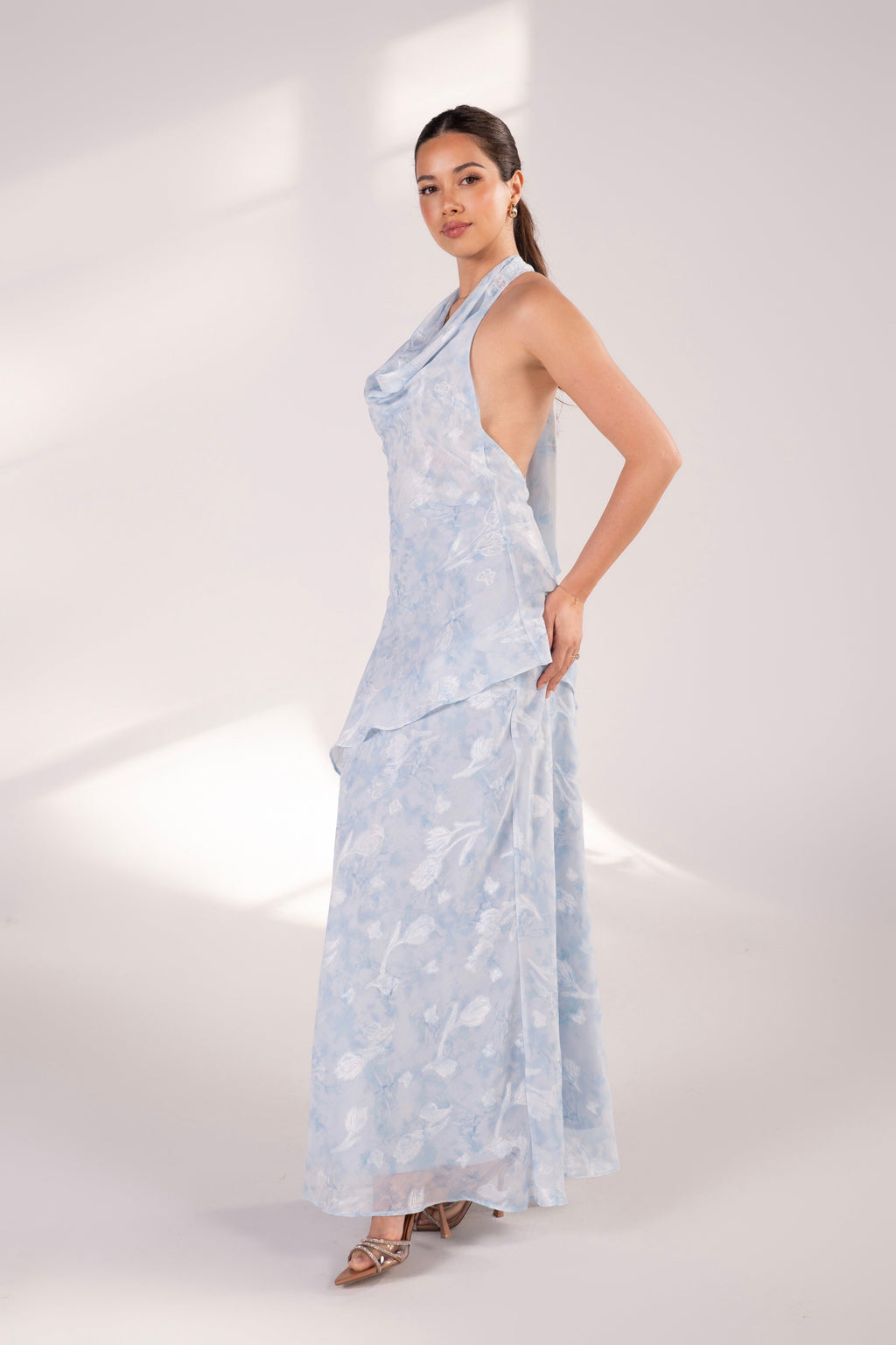 Philippa Baby Blue Cowl Neck Halter Dress