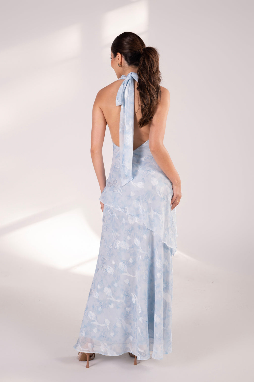 Philippa Baby Blue Cowl Neck Halter Dress