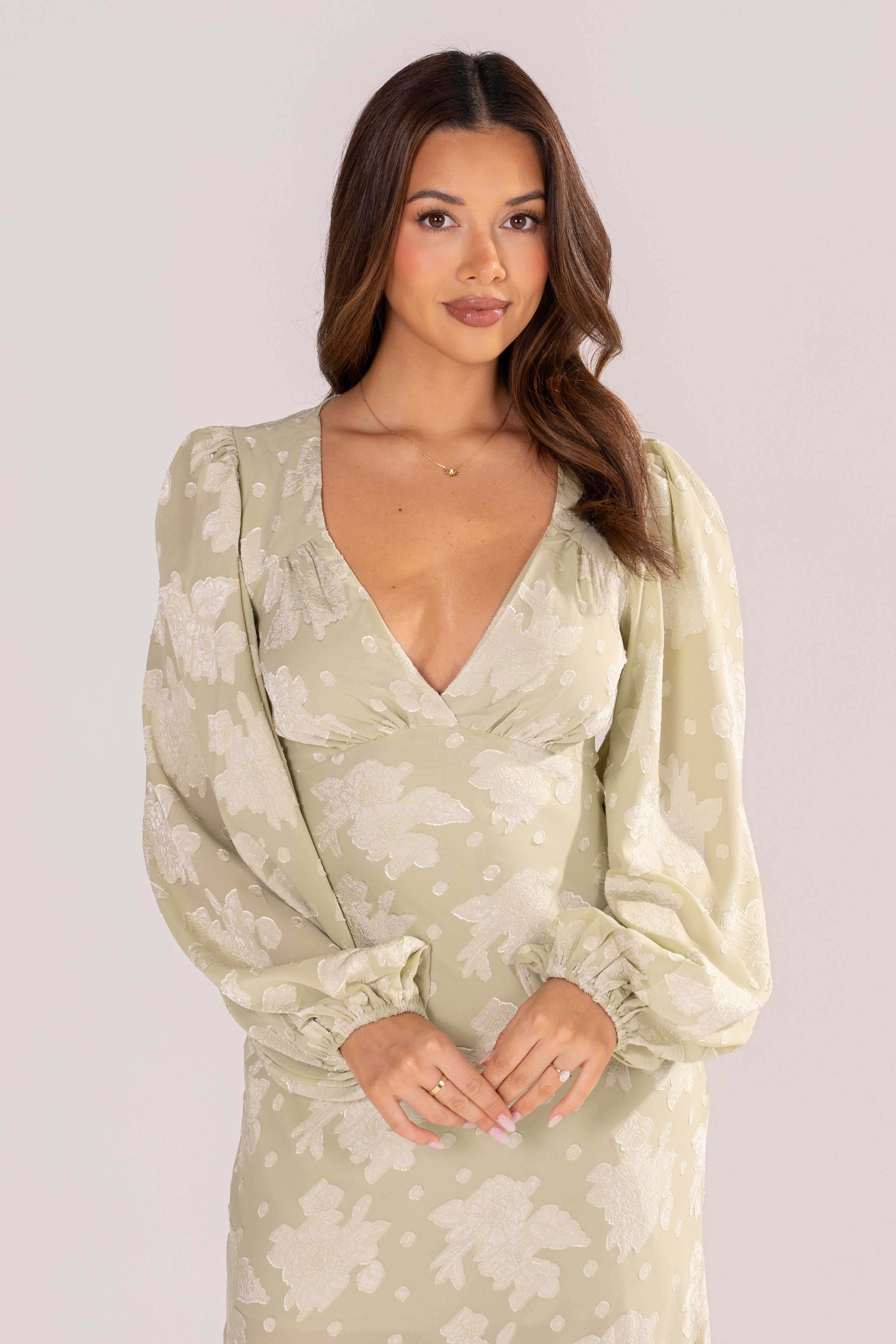 Primrose Soft Green Long Sleeve Floral Maxi Dress
