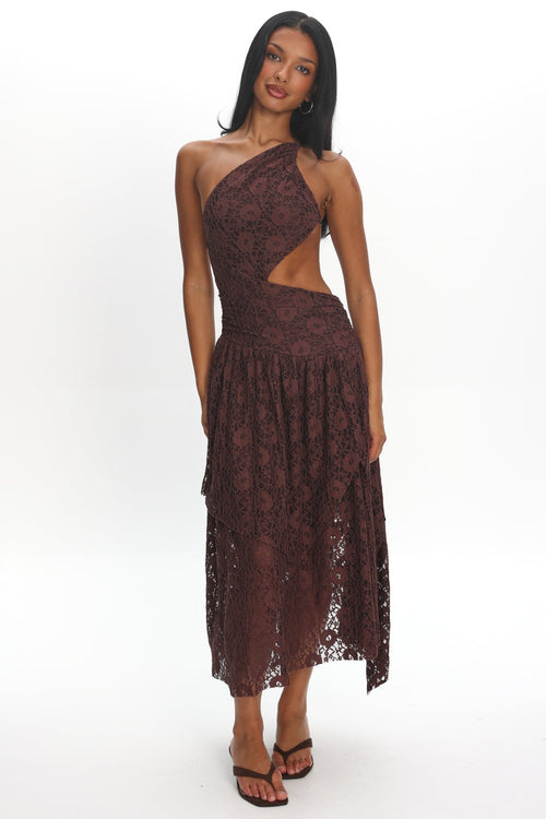 Call Back Cut-Out Waist Midi Dress Lace Chocolate