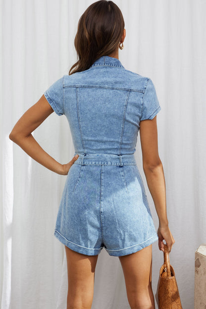 California Girl Short Sleeve Waist Tie Romper Denim Blue