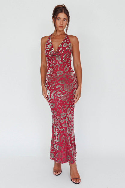 Byzantine Cowl Halterneck Midi Dress Floral Wine