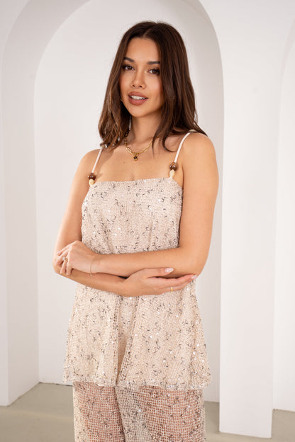 Seren Sequin Two Piece Beaded Cami Top & Pant Set