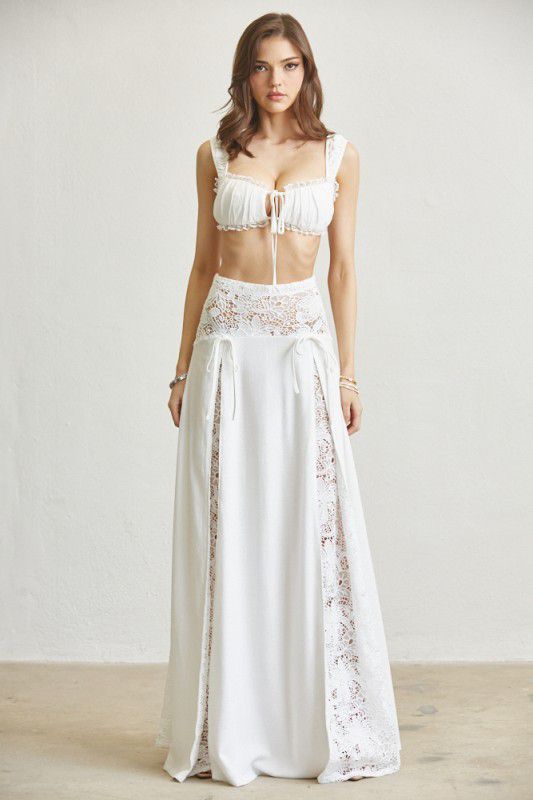 White Lace Maxi Skirt Set – Elegant Two-Piece Outfit with Crop Top