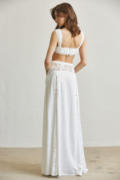White Lace Maxi Skirt Set – Elegant Two-Piece Outfit with Crop Top