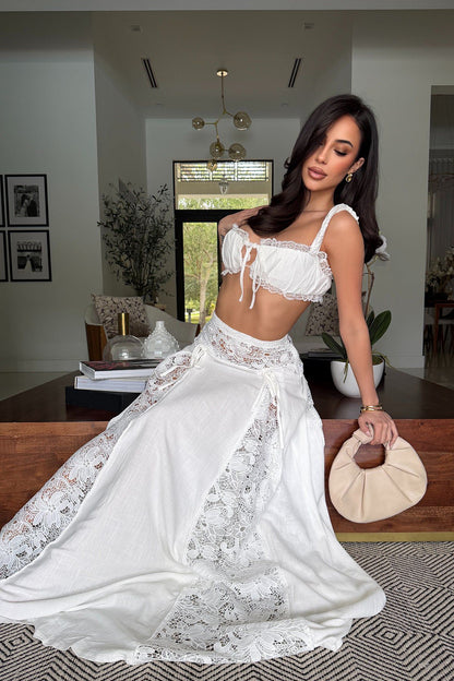White Lace Maxi Skirt Set – Elegant Two-Piece Outfit with Crop Top