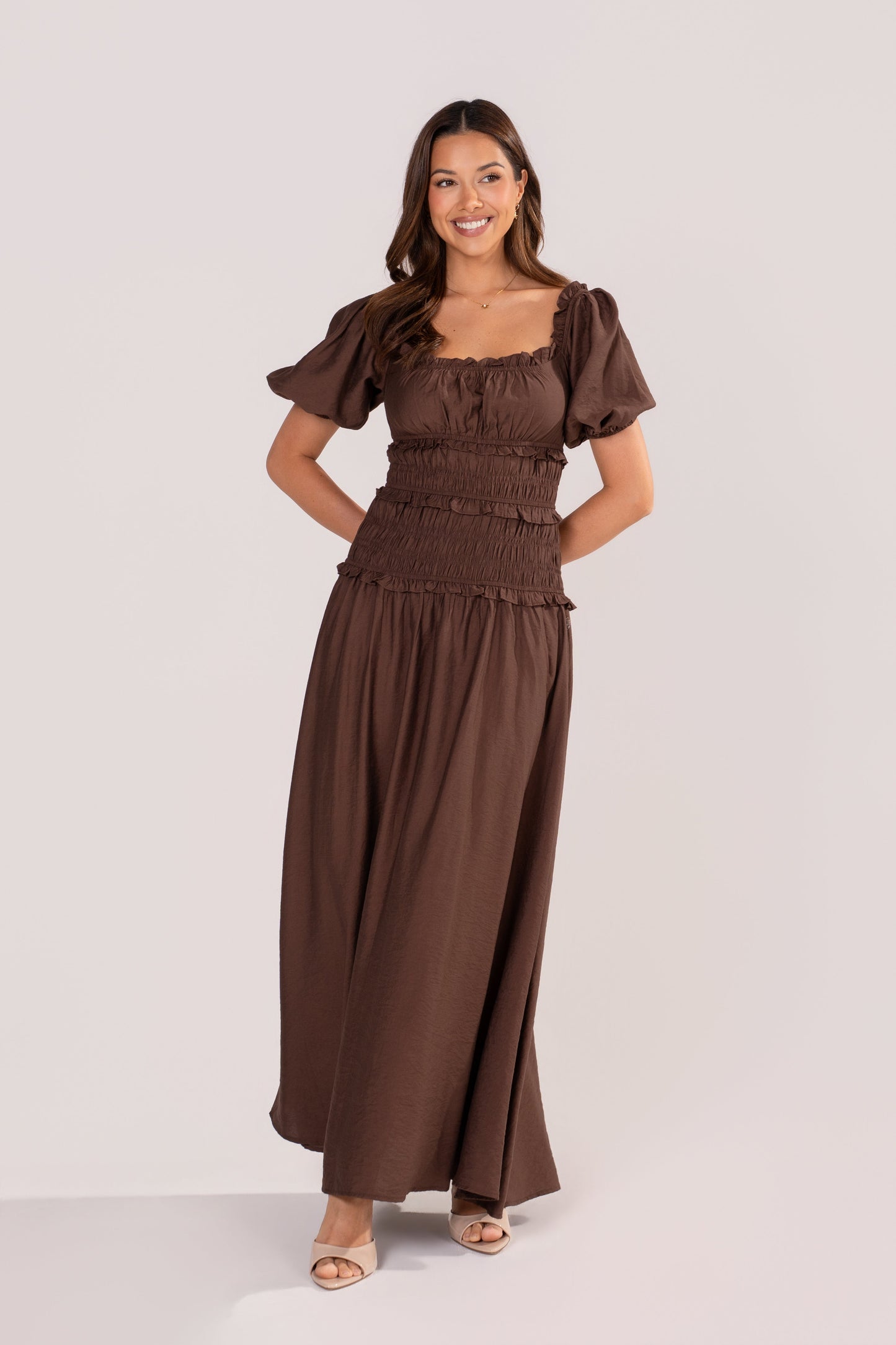 Whitley Chocolate Puff Sleeve Smocked Dress