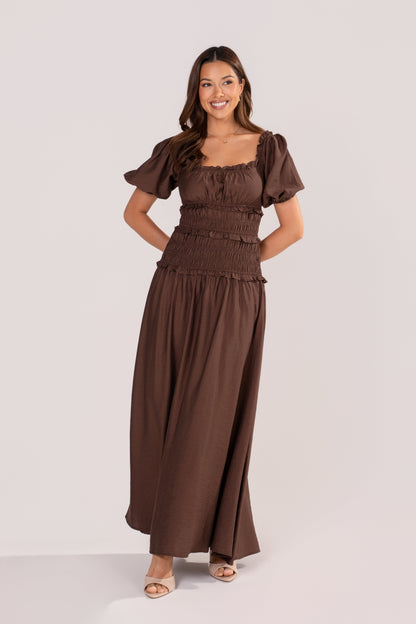 Whitley Chocolate Puff Sleeve Smocked Dress