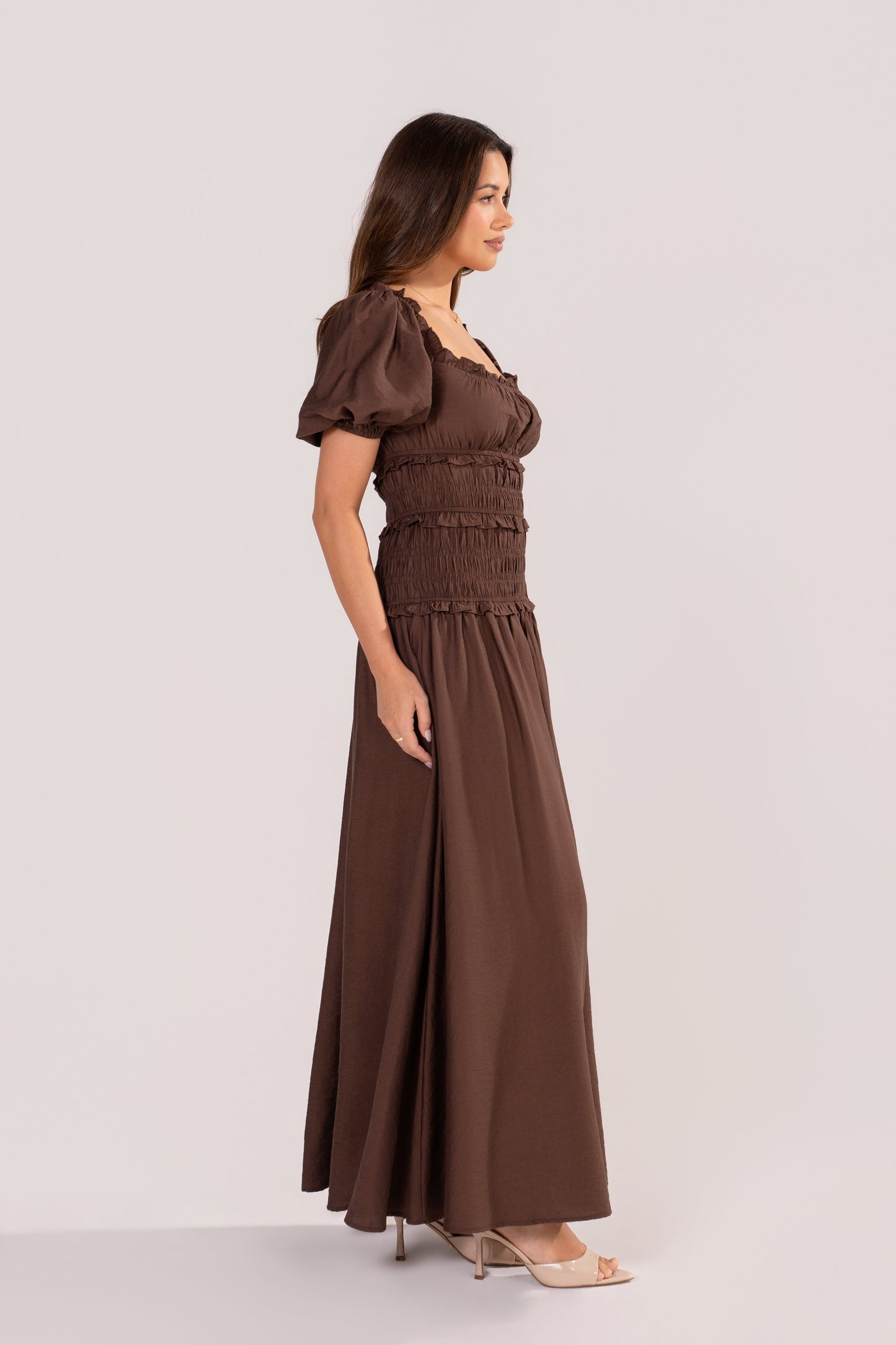 Whitley Chocolate Puff Sleeve Smocked Dress