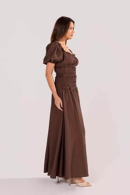 Whitley Chocolate Puff Sleeve Smocked Dress