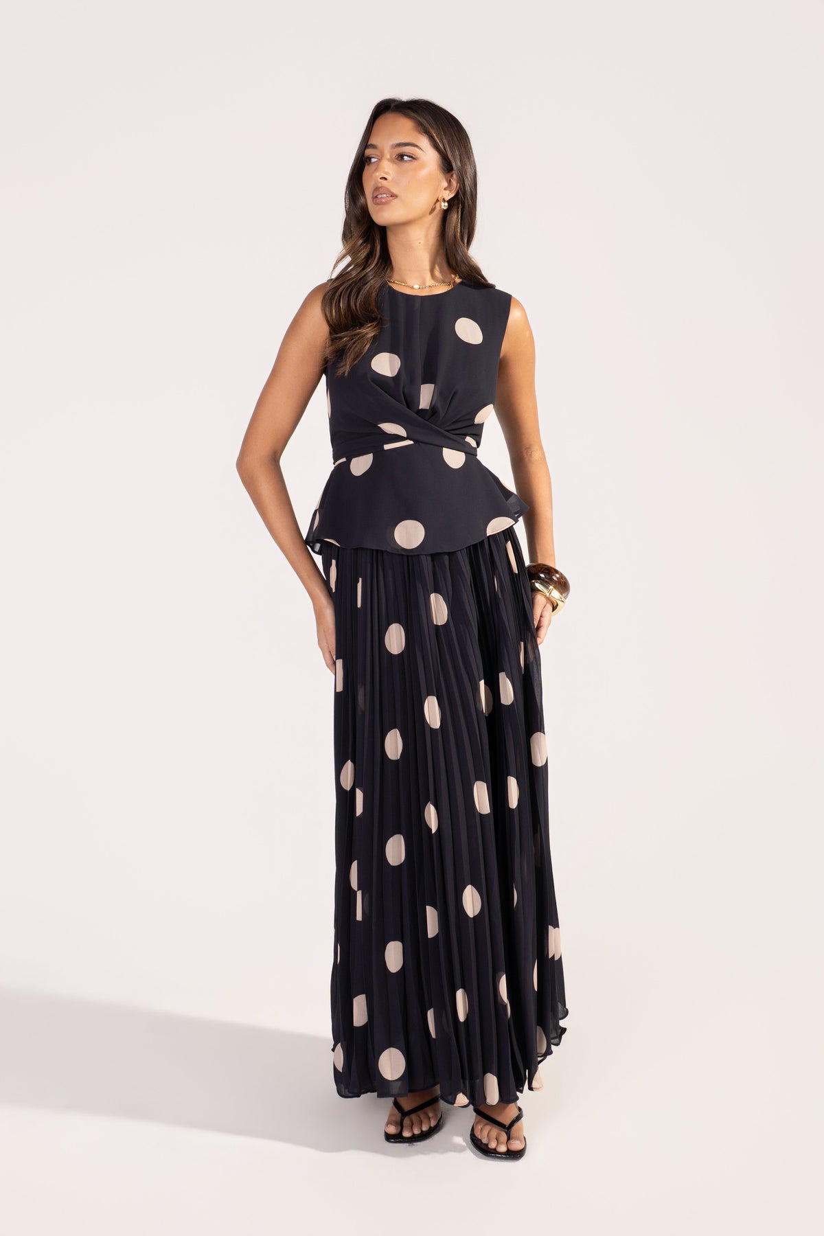 Ysella Polka Dot Peplum Top & Maxi Skirt Set