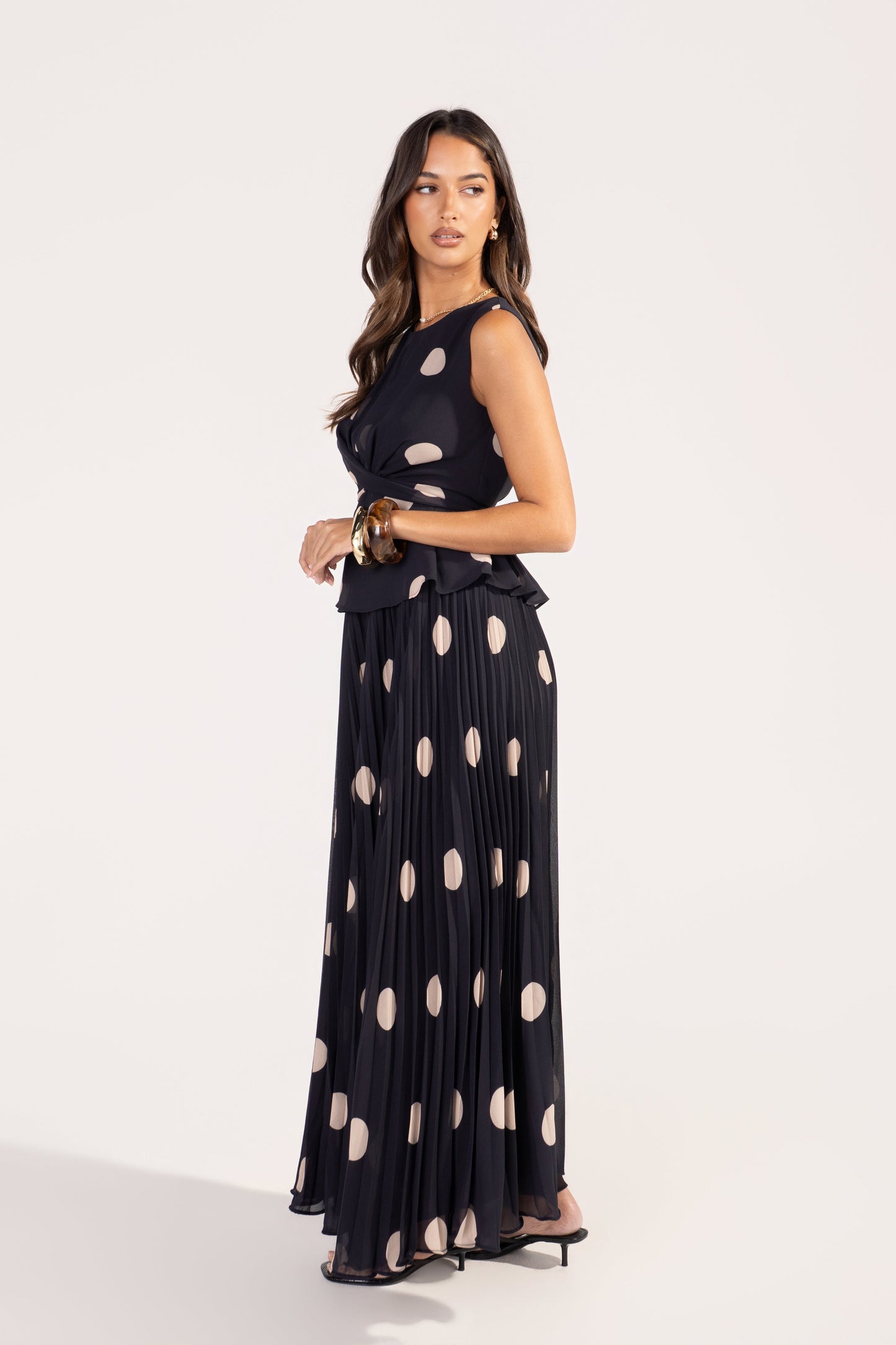 Ysella Polka Dot Peplum Top & Maxi Skirt Set