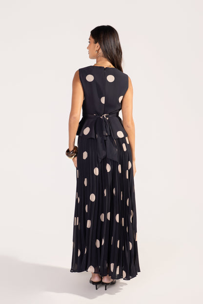 Ysella Polka Dot Peplum Top & Maxi Skirt Set