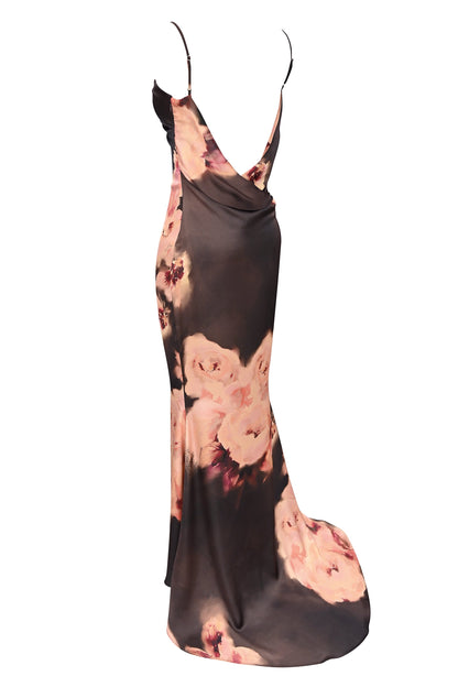 dark brown floral printed satin maxi dress