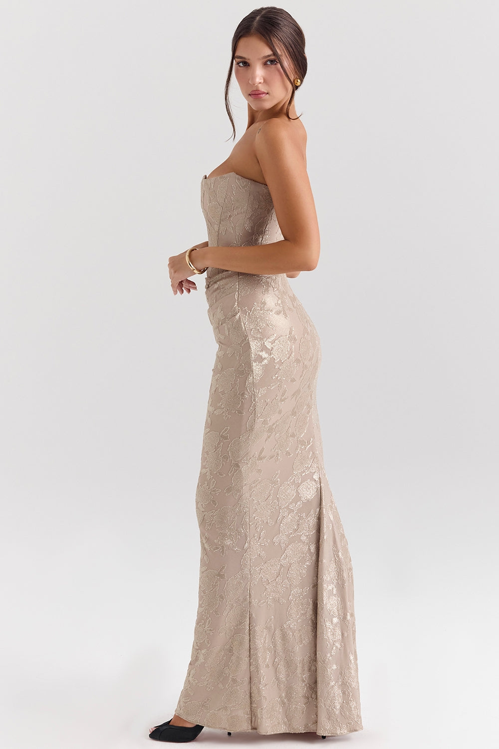 pale gold chiffon mesh strapless corset maxi dress