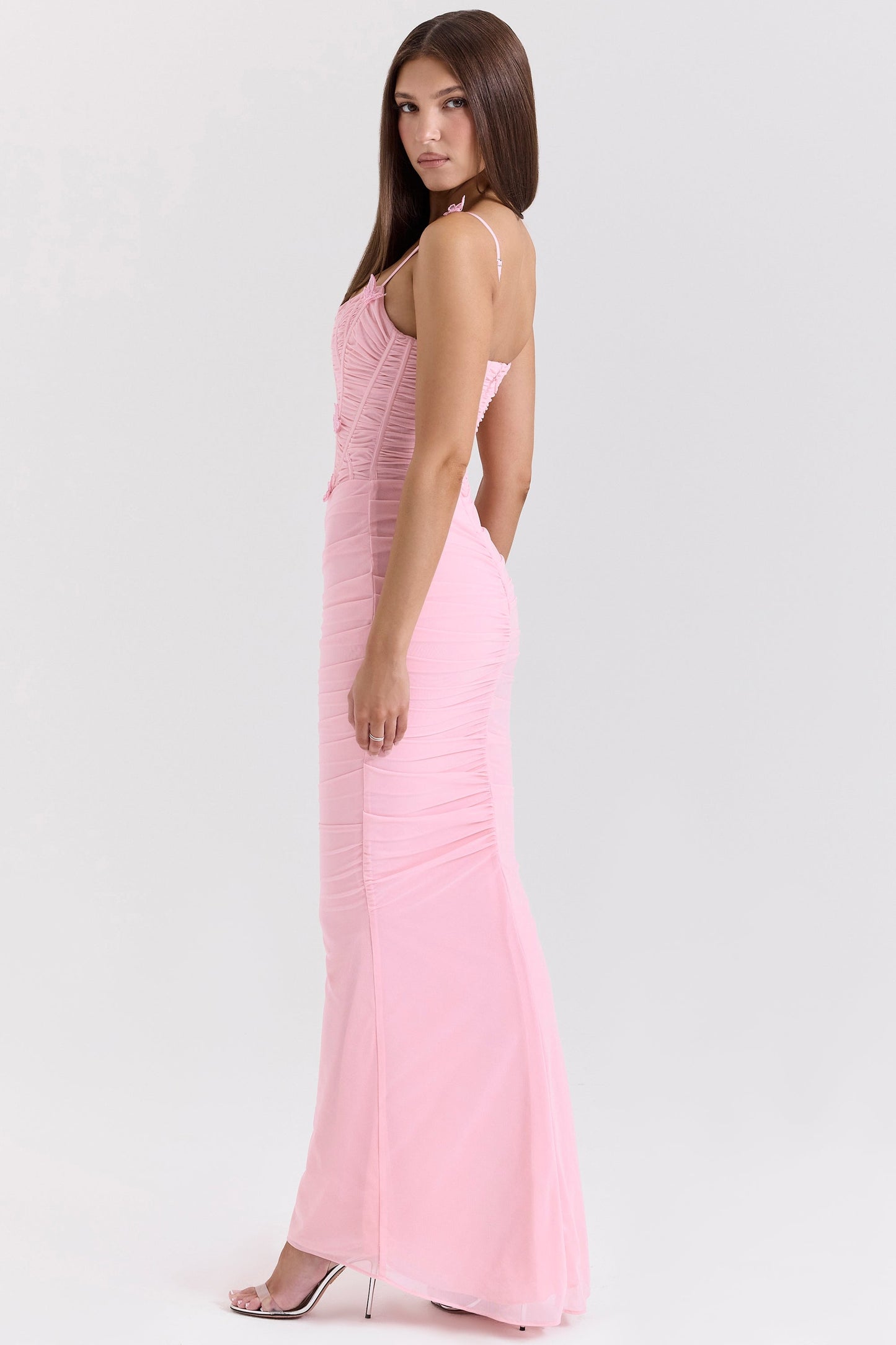 pink stretch mesh butterfly maxi dress