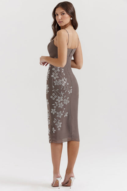 smoke crystal embellished midi dress
