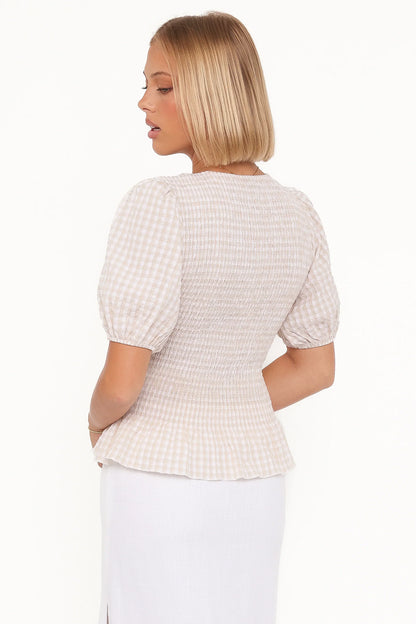 Callista Shirred Waist Top - Beige Gingham