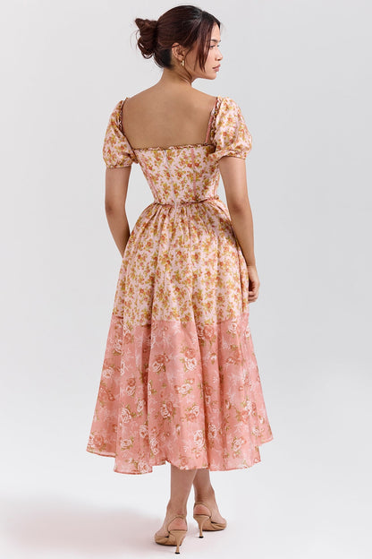 peach poppy print puff sleeve midi sundress