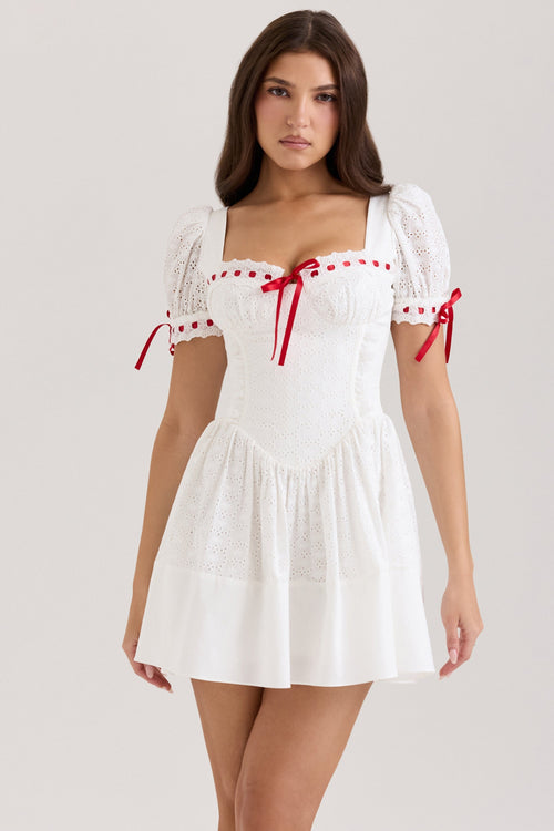white broderie anglaise puff sleeve mini dress