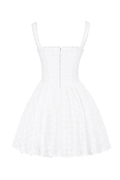 white cotton broderie anglais corset mini dress