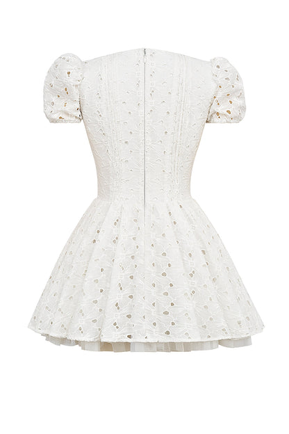 white pleated broderie anglais mini dress