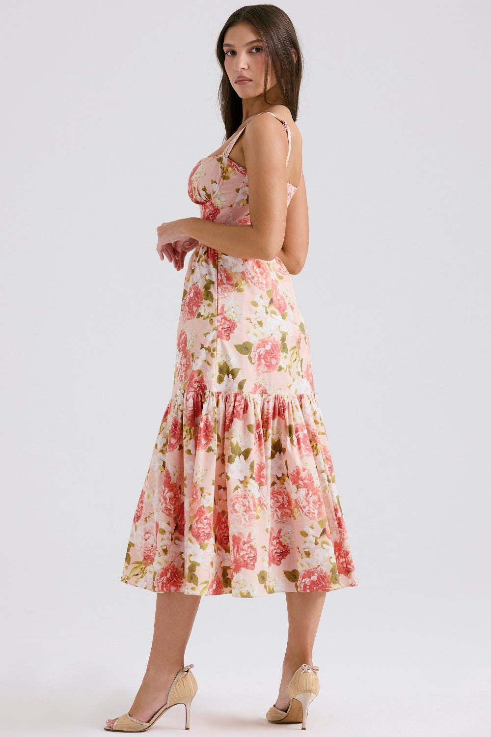 pink peony print cotton midi sundress