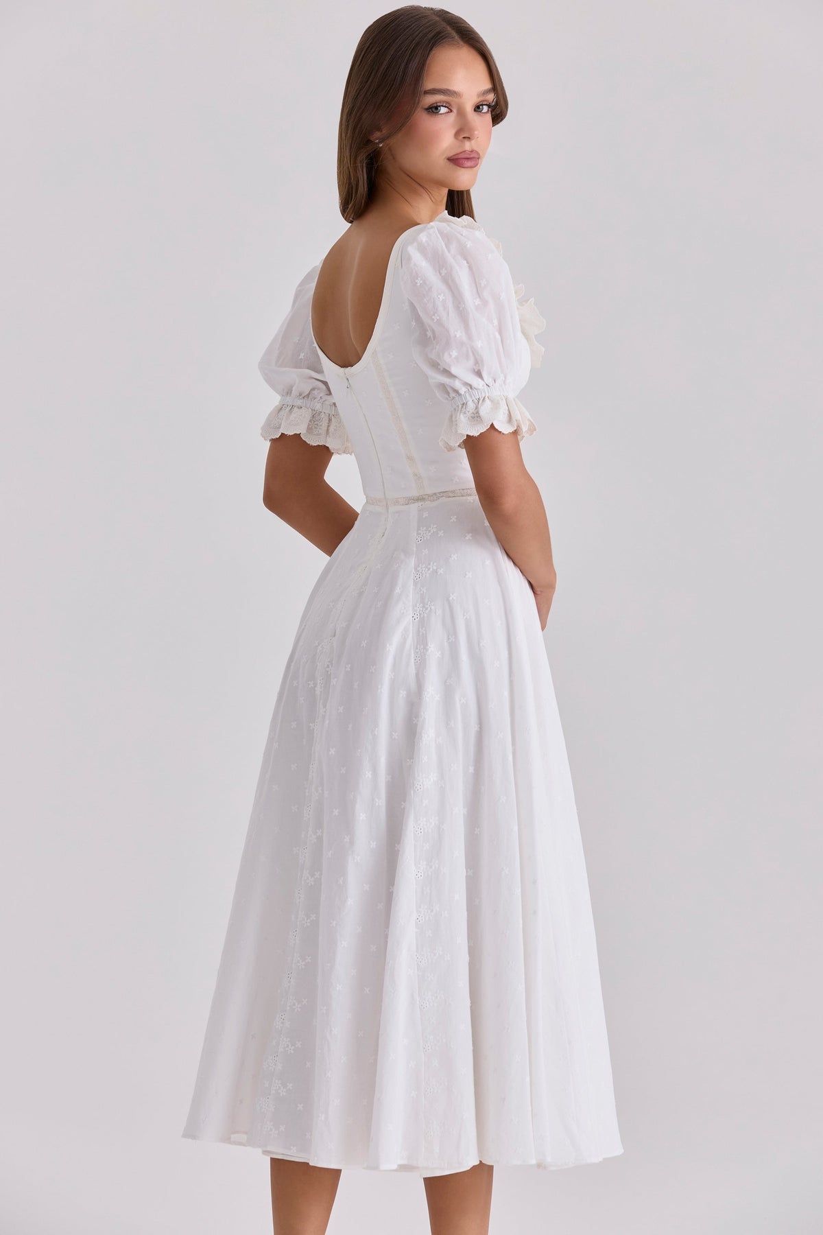 white broderie anglais babydoll midi dress