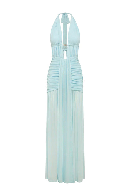 ADRIANNA PLUNGE RUCHED MAXI DRESS - AQUA