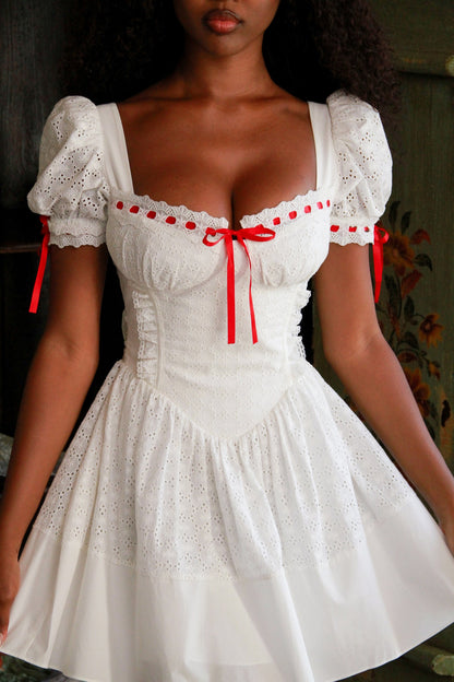 white broderie anglaise puff sleeve mini dress