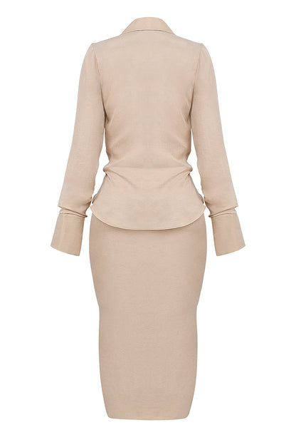 almond plunge shirt midi dress