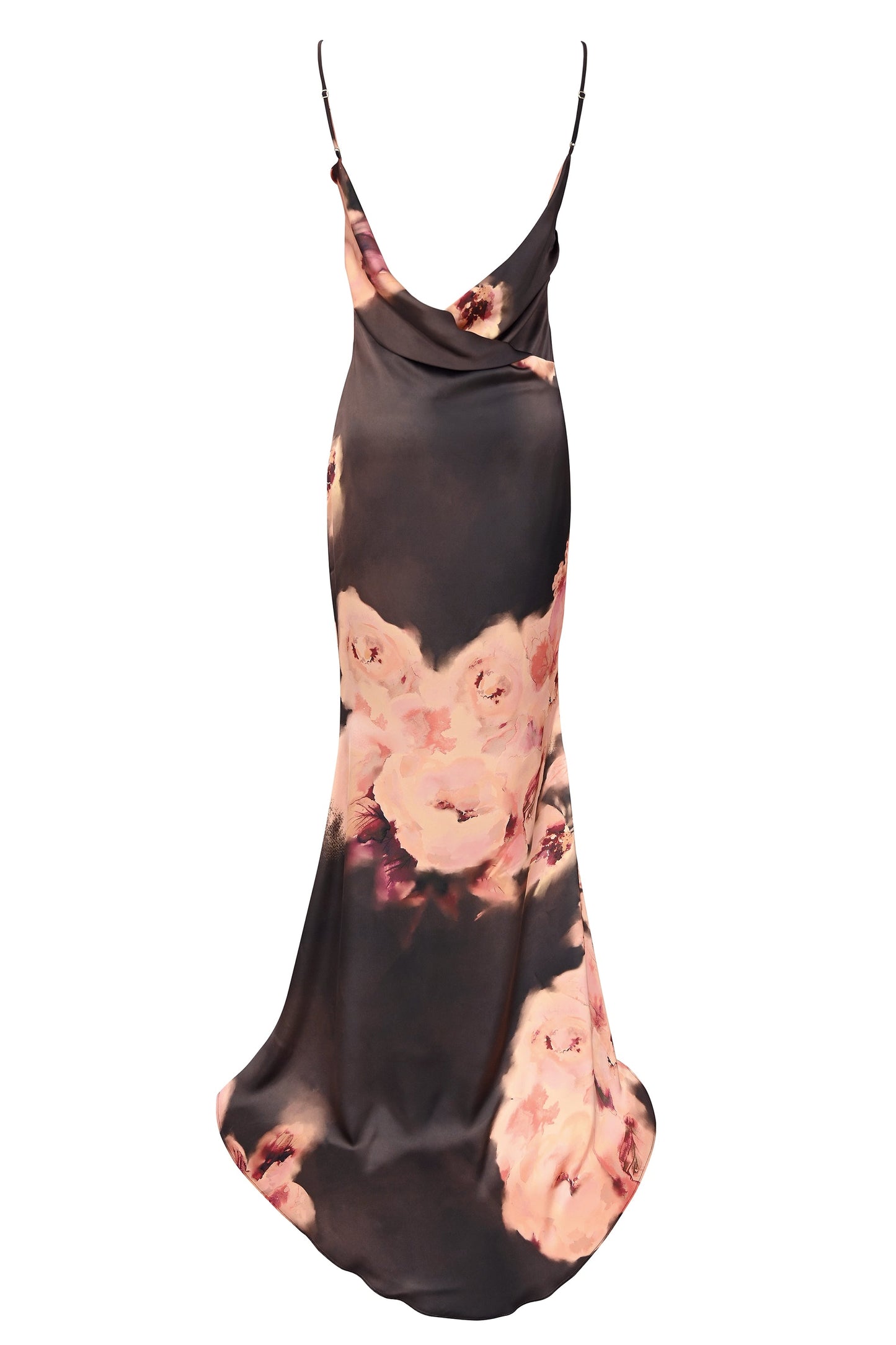 dark brown floral printed satin maxi dress