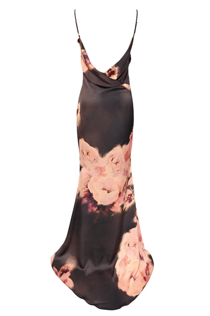 dark brown floral printed satin maxi dress