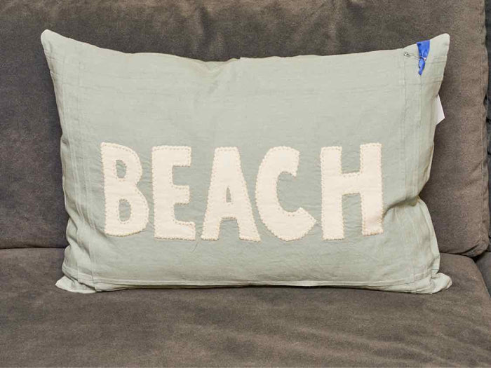 Beach White Applique Aqua Linen Lumbar Accent Pillow