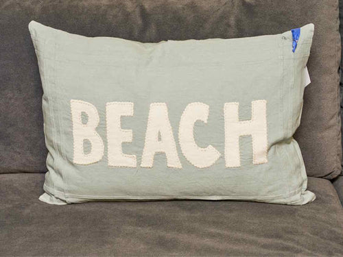 Beach White Applique Aqua Linen Lumbar Accent Pillow