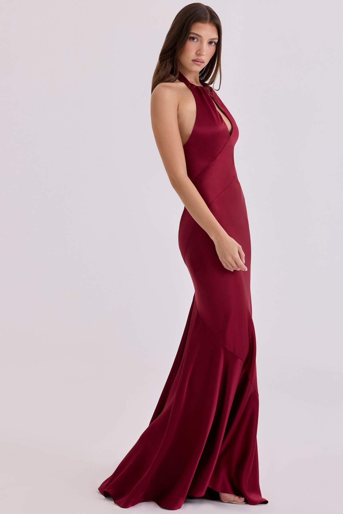 wine satin halter maxi dress