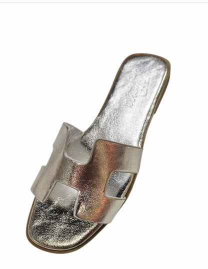 Moonlight Chic Silver Slide Sandals with Metallic H Cut-Out Design