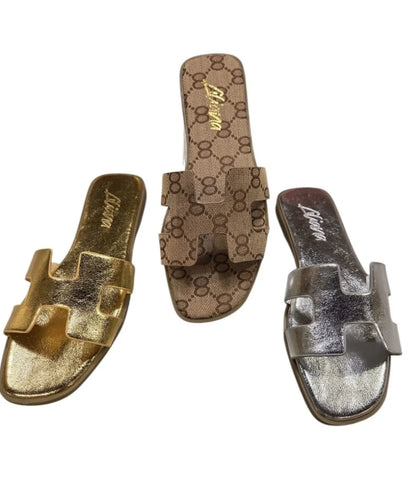 Moonlight Chic Silver Slide Sandals with Metallic H Cut-Out Design