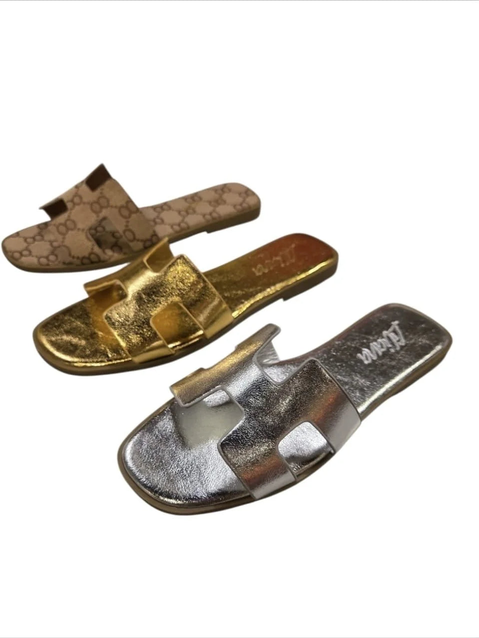 Moonlight Chic Silver Slide Sandals with Metallic H Cut-Out Design