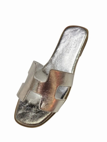 Moonlight Chic Silver Slide Sandals with Metallic H Cut-Out Design