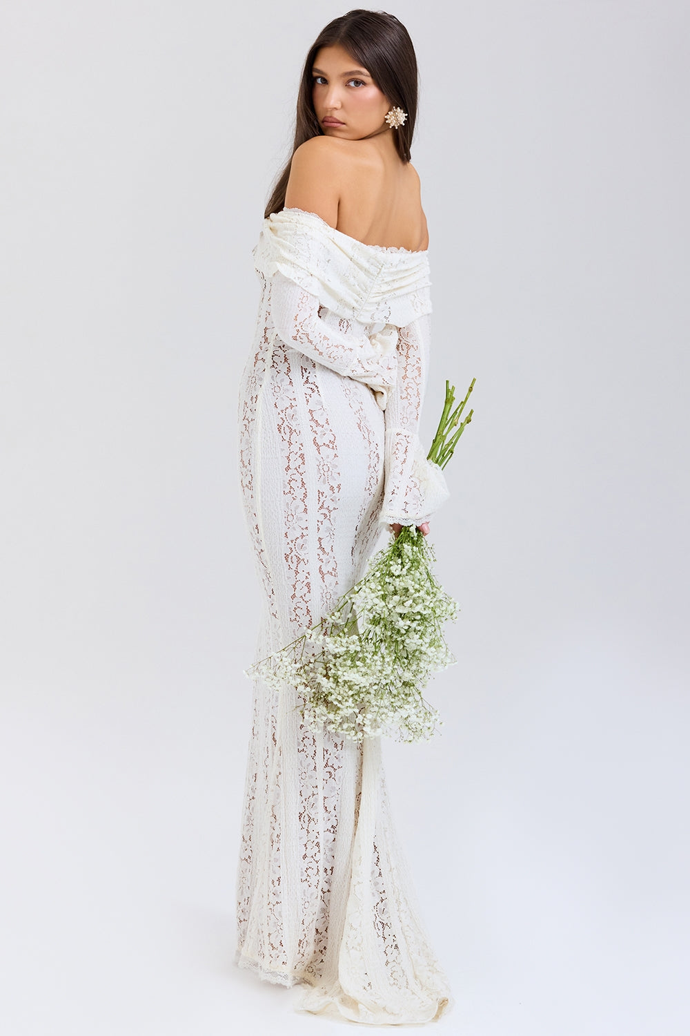 vintage cream floral lace off shoulder maxi dress